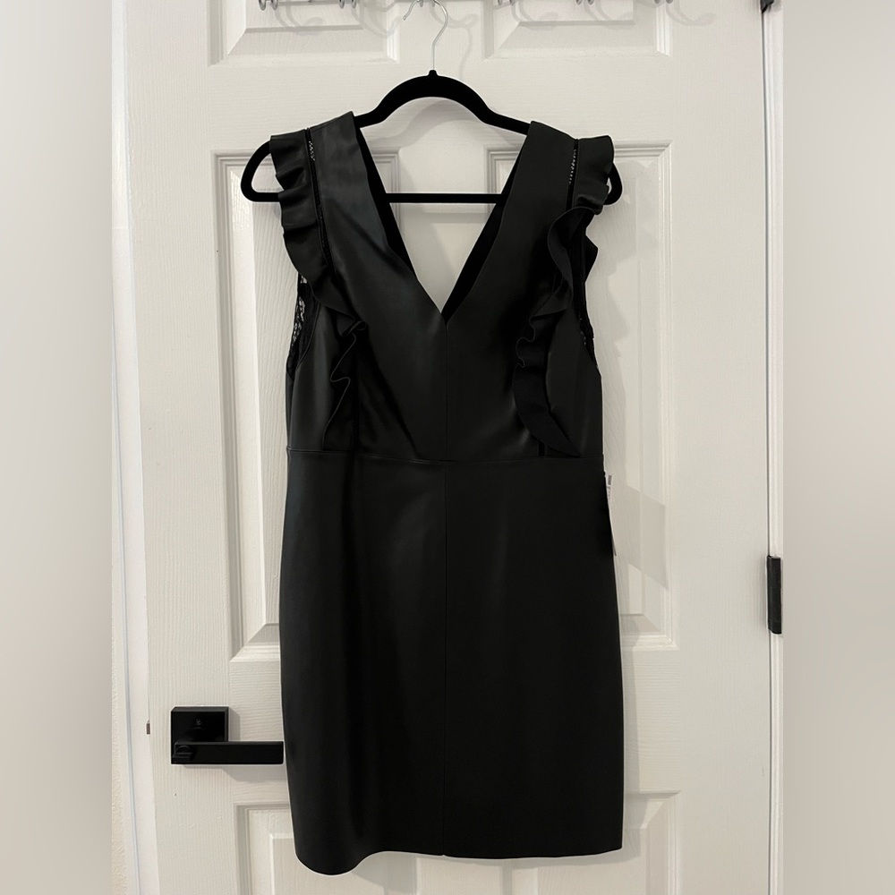 NWT Zara black leather minidress. Ruffle sleeves, v neck, size L